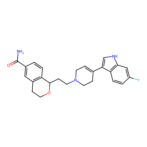 1-(2-(4-(6-fluoro-1H-indol-3-yl)-5,6-dihydropyridin-1(2H)-yl)ethyl)-3,4-dihydro-1H-isochromene-6-carboxamide structure