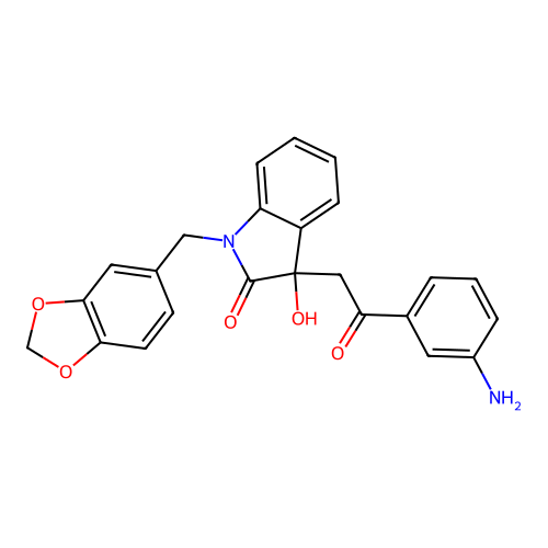3-(2-(3-aminophenyl)-2-oxoethyl)-1-(benzo[d][1,3]dioxol-5-ylmethyl)-3-hydroxyindolin-2-one structure