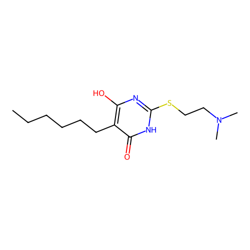 2-{[2-(Dimethylamino)ethyl]sulfanyl}-5-hexylpyrimidine-4,6-diol structure