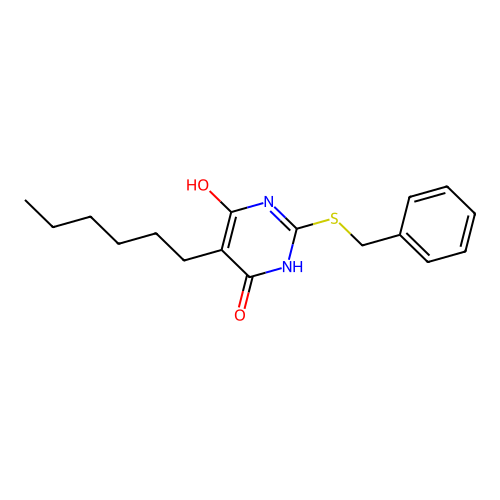 2-Benzylthio-5-hexyl-6-hydroxy-3H-pyrimidin-4-one structure