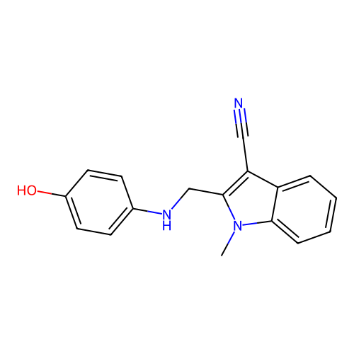 2-(((4-hydroxyphenyl)amino)methyl)-1-methyl-1H-indole-3-carbonitrile structure
