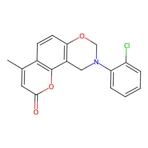 9-(2-chlorophenyl)-4-methyl-9,10-dihydrochromeno[8,7-e][1,3]oxazin-2(8H)-one structure