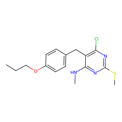 6-chloro-N-methyl-2-methylsulfanyl-5-[(4-propoxyphenyl)methyl]pyrimidin-4-amine structure
