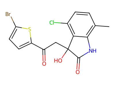 3-[2-(5-bromothiophen-2-yl)-2-oxoethyl]-4-chloro-3-hydroxy-7-methyl-1H-indol-2-one structure