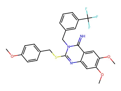 6,7-dimethoxy-2-[(4-methoxybenzyl)sulfanyl]-3-[3-(trifluoromethyl)benzyl]-4(3H)-quinazolinimine structure