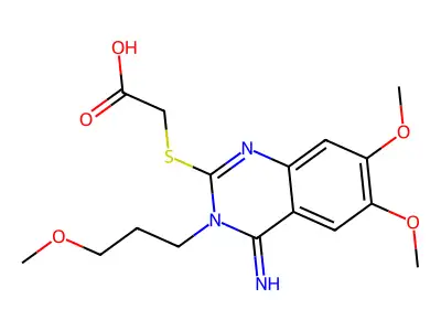 2-{[4-imino-6,7-dimethoxy-3-(3-methoxypropyl)-3,4-dihydro-2-quinazolinyl]sulfanyl}acetic acid structure