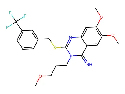 6,7-dimethoxy-3-(3-methoxypropyl)-2-{[3-(trifluoromethyl)benzyl]sulfanyl}-4(3H)-quinazolinimine structure