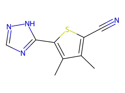 3,4-dimethyl-5-(1~{H}-1,2,4-triazol-3-yl)thiophene-2-carbonitrile structure