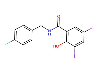 N-[(4-fluorophenyl)methyl]-2-hydroxy-3,5-diiodobenzamide structure