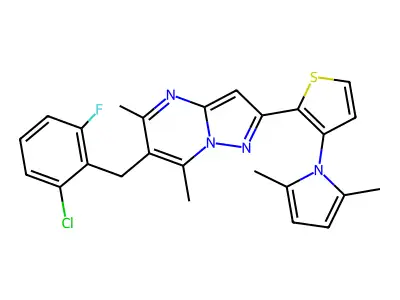 6-(2-chloro-6-fluorobenzyl)-2-[3-(2,5-dimethyl-1H-pyrrol-1-yl)-2-thienyl]-5,7-dimethylpyrazolo[1,5-a]pyrimidine structure