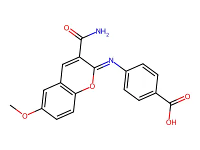 4-{[(2Z)-3-carbamoyl-6-methoxy-2H-chromen-2-ylidene]amino}benzoic acid structure