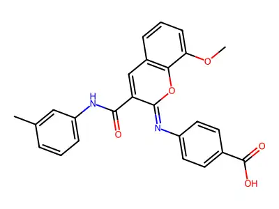 (Z)-4-((8-methoxy-3-(m-tolylcarbamoyl)-2H-chromen-2-ylidene)amino)benzoic acid structure