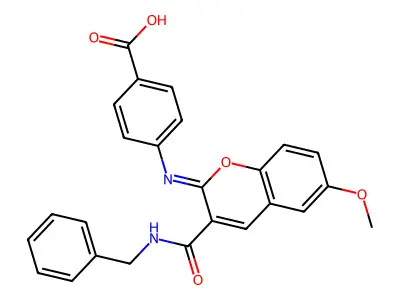 4-[[3-(Benzylcarbamoyl)-6-methoxychromen-2-ylidene]amino]benzoic acid structure