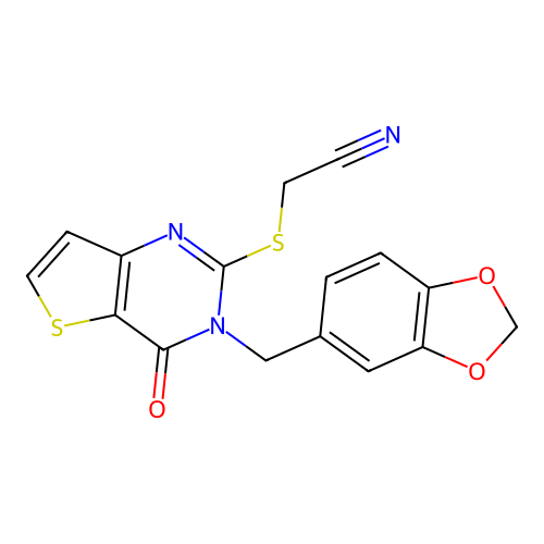 2-((3-(benzo[d][1,3]dioxol-5-ylmethyl)-4-oxo-3,4-dihydrothieno[3,2-d]pyrimidin-2-yl)thio)acetonitrile structure