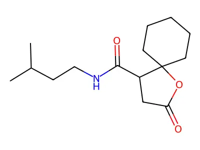 N-isopentyl-2-oxo-1-oxaspiro[4.5]decane-4-carboxamide structure