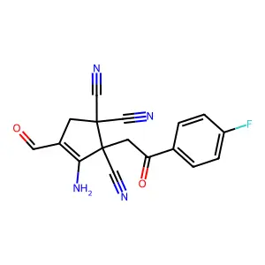3-amino-2-[2-(4-fluorophenyl)-2-oxoethyl]-4-formylcyclopent-3-ene-1,1,2-tricarbonitrile structure