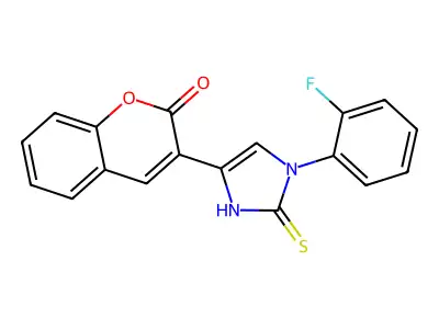 3-[3-(2-fluorophenyl)-2-sulfanylidene-1H-imidazol-5-yl]chromen-2-one structure