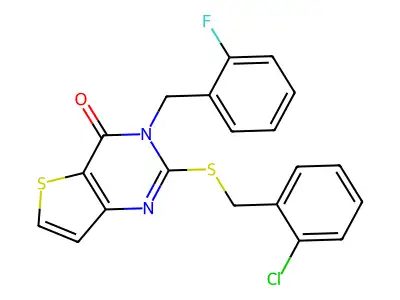 2-((2-chlorobenzyl)thio)-3-(2-fluorobenzyl)thieno[3,2-d]pyrimidin-4(3H)-one structure