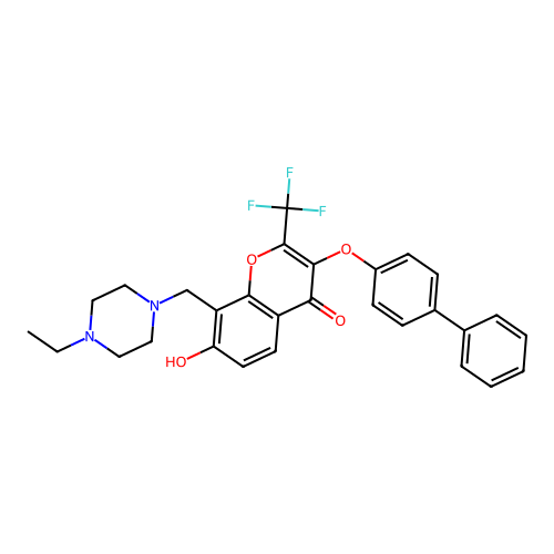 3-(biphenyl-4-yloxy)-8-[(4-ethylpiperazin-1-yl)methyl]-7-hydroxy-2-(trifluoromethyl)-4H-chromen-4-one structure