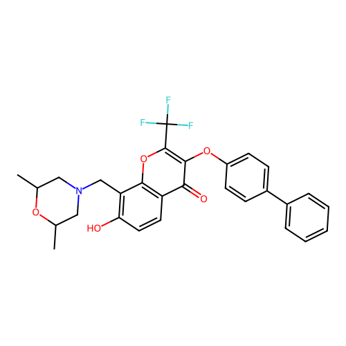 3-(biphenyl-4-yloxy)-8-[(2,6-dimethylmorpholin-4-yl)methyl]-7-hydroxy-2-(trifluoromethyl)-4H-chromen-4-one structure