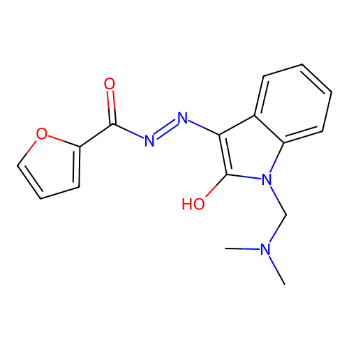 N-[[1-(dimethylaminomethyl)-2-oxoindol-3-ylidene]amino]furan-2-carboxamide structure