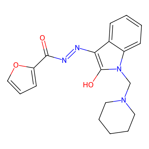 N-[[2-oxo-1-(1-piperidylmethyl)indol-3-ylidene]amino]furan-2-carboxamide structure
