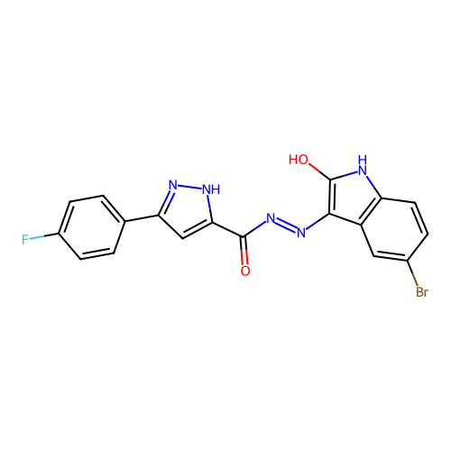 N'-[(3Z)-5-bromo-2-oxo-1,2-dihydro-3H-indol-3-ylidene]-5-(4-fluorophenyl)-1H-pyrazole-3-carbohydrazide structure