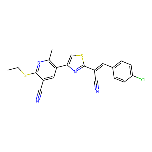 5-{2-[(1E)-2-(4-CHLOROPHENYL)-1-CYANOETH-1-EN-1-YL]-1,3-THIAZOL-4-YL}-2-(ETHYLSULFANYL)-6-METHYLPYRIDINE-3-CARBONITRILE structure