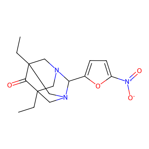 (1r,5R,7S)-5,7-diethyl-2-(5-nitrofuran-2-yl)-1,3-diazaadamantan-6-one structure