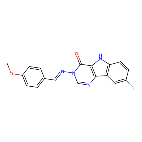 (E)-8-fluoro-3-((4-methoxybenzylidene)amino)-3H-pyrimido[5,4-b]indol-4(5H)-one structure