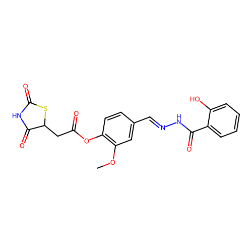 (E)-4-((2-(2-hydroxybenzoyl)hydrazono)methyl)-2-methoxyphenyl 2-(2,4-dioxothiazolidin-5-yl)acetate structure