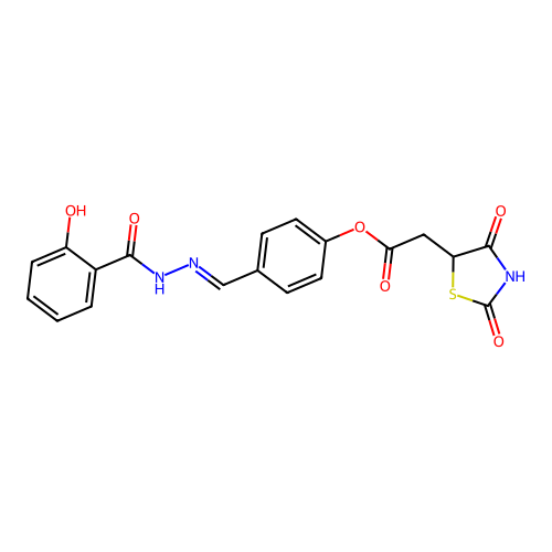(E)-4-((2-(2-hydroxybenzoyl)hydrazono)methyl)phenyl 2-(2,4-dioxothiazolidin-5-yl)acetate structure
