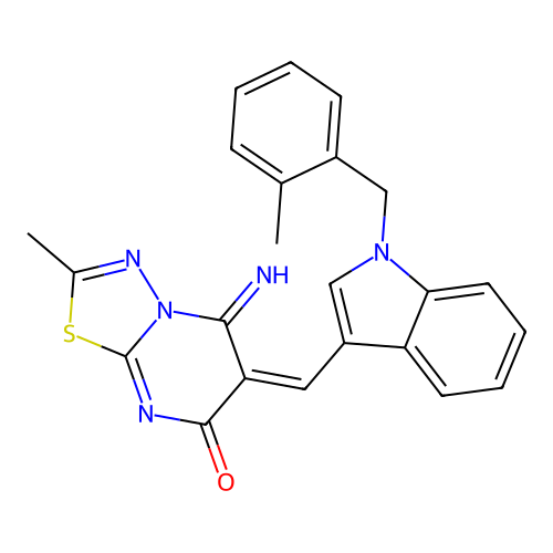 (6E)-5-imino-2-methyl-6-[[1-[(2-methylphenyl)methyl]indol-3-yl]methylidene]-[1,3,4]thiadiazolo[3,2-a]pyrimidin-7-one structure