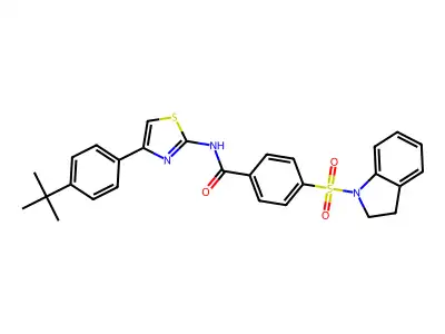 N-(4-(4-(tert-butyl)phenyl)thiazol-2-yl)-4-(indolin-1-ylsulfonyl)benzamide structure
