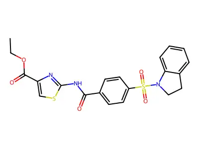 Ethyl 2-(4-(indolin-1-ylsulfonyl)benzamido)thiazole-4-carboxylate structure