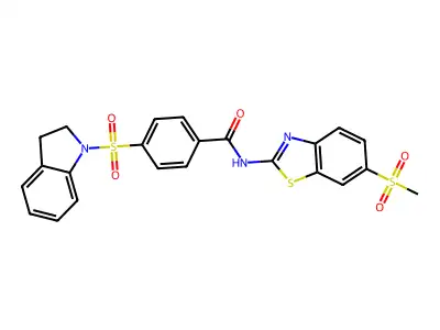 4-(indolin-1-ylsulfonyl)-N-(6-(methylsulfonyl)benzo[d]thiazol-2-yl)benzamide structure