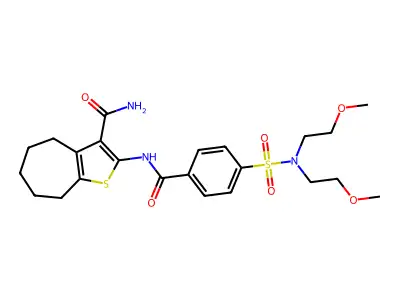 2-[[4-[bis(2-methoxyethyl)sulfamoyl]benzoyl]amino]-5,6,7,8-tetrahydro-4H-cyclohepta[b]thiophene-3-carboxamide structure