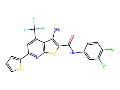 3-amino-N-(3,4-dichlorophenyl)-6-(thiophen-2-yl)-4-(trifluoromethyl)thieno[2,3-b]pyridine-2-carboxamide structure