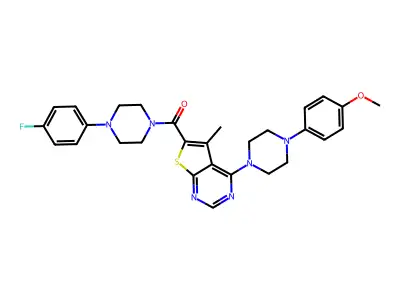 (4-(4-fluorophenyl)piperazin-1-yl)(4-(4-(4-methoxyphenyl)piperazin-1-yl)-5-methylthieno[2,3-d]pyrimidin-6-yl)methanone structure