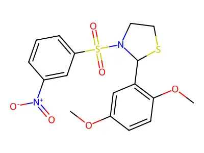 2-(2,5-Dimethoxyphenyl)-3-((3-nitrophenyl)sulfonyl)thiazolidine structure