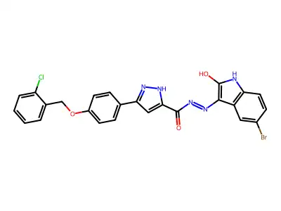 (E)-N'-(5-bromo-2-oxoindolin-3-ylidene)-3-(4-((2-chlorobenzyl)oxy)phenyl)-1H-pyrazole-5-carbohydrazide structure