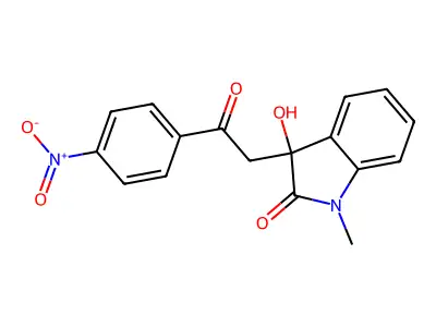 3-hydroxy-1-methyl-3-[2-(4-nitrophenyl)-2-oxoethyl]-1,3-dihydro-2H-indol-2-one structure
