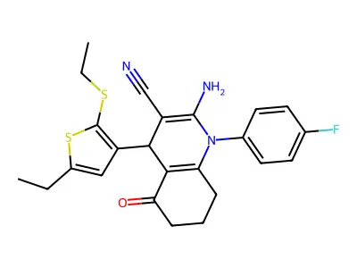 2-Amino-4-(5-ethyl-2-(ethylthio)thiophen-3-yl)-1-(4-fluorophenyl)-5-oxo-1,4,5,6,7,8-hexahydroquinoline-3-carbonitrile structure