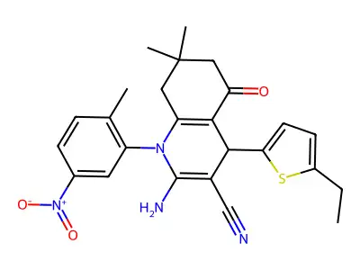 2-amino-4-(5-ethylthiophen-2-yl)-7,7-dimethyl-1-(2-methyl-5-nitrophenyl)-5-oxo-1,4,5,6,7,8-hexahydroquinoline-3-carbonitrile structure
