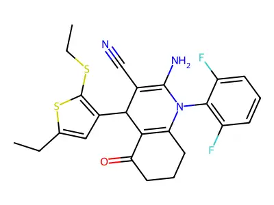 2-Amino-1-(2,6-difluorophenyl)-4-(5-ethyl-2-(ethylthio)thiophen-3-yl)-5-oxo-1,4,5,6,7,8-hexahydroquinoline-3-carbonitrile structure