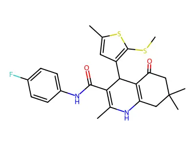 N-(4-Fluorophenyl)-2,7,7-trimethyl-4-(5-methyl-2-(methylthio)thiophen-3-yl)-5-oxo-1,4,5,6,7,8-hexahydroquinoline-3-carboxamide structure