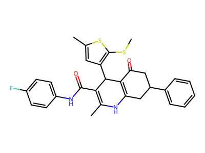 N-(4-Fluorophenyl)-2-methyl-4-(5-methyl-2-(methylthio)thiophen-3-yl)-5-oxo-7-phenyl-1,4,5,6,7,8-hexahydroquinoline-3-carboxamide structure