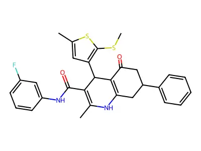 N-(3-Fluorophenyl)-2-methyl-4-(5-methyl-2-(methylthio)thiophen-3-yl)-5-oxo-7-phenyl-1,4,5,6,7,8-hexahydroquinoline-3-carboxamide structure