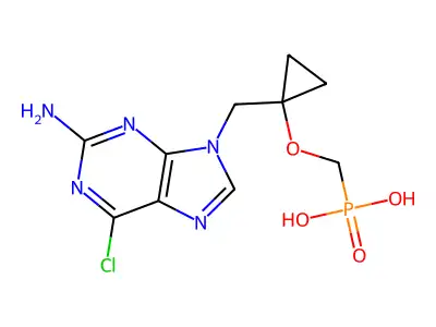 [1-[(2-Amino-6-chloro-purin-9-yl)methyl]cyclopropoxy]methylphosphonic acid structure