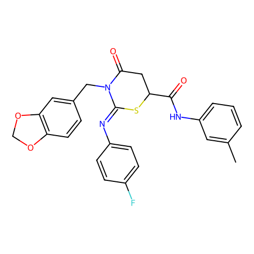 (2Z)-3-(1,3-benzodioxol-5-ylmethyl)-2-[(4-fluorophenyl)imino]-N-(3-methylphenyl)-4-oxo-1,3-thiazinane-6-carboxamide structure